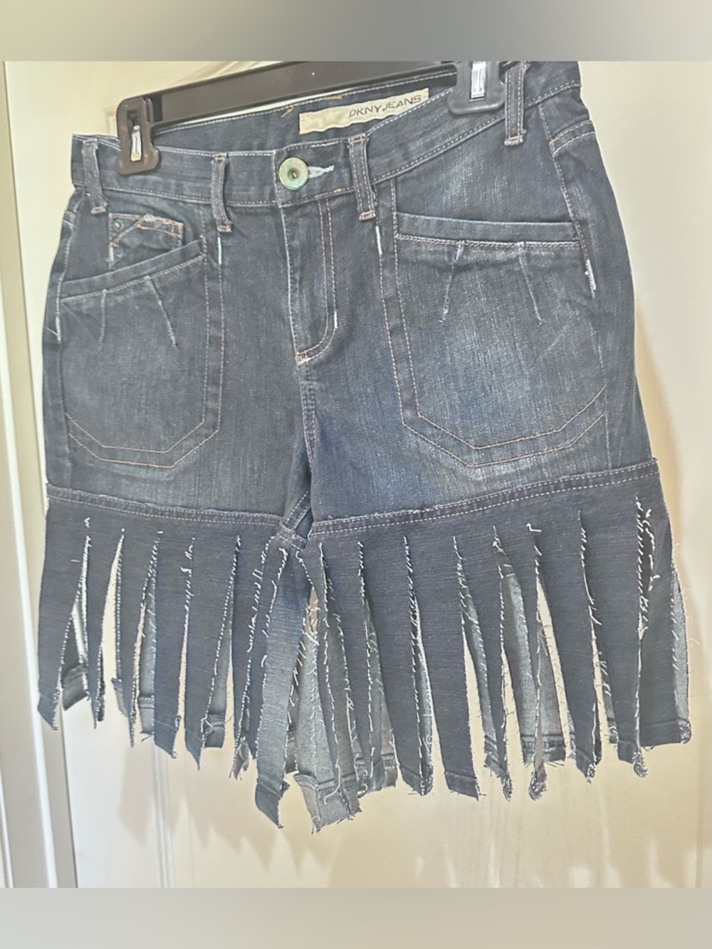 Upcycled DKNY Jeans Dark Wash Fringed Denim Shorts size M - Picture 4 of 6